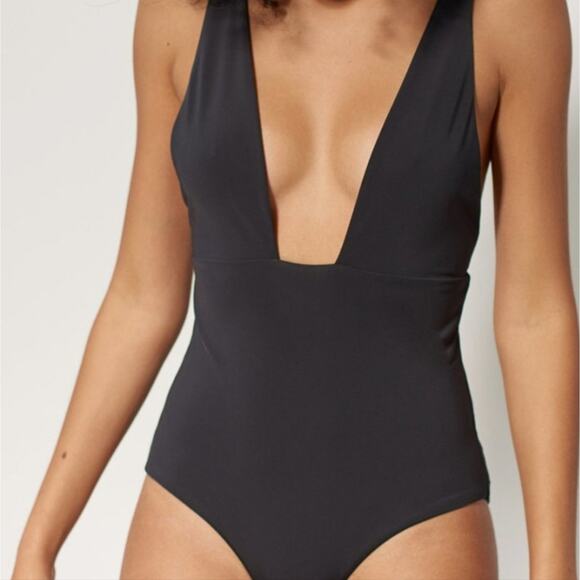 NEW Mara Hoffman Audrey Deep V-Neck One Piece Black Swimsuit - Picture 3 of 14